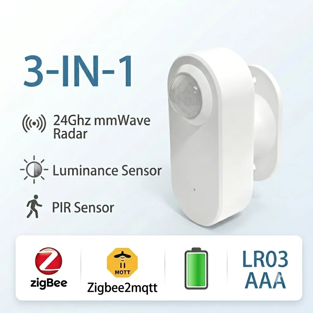 Détecteur de Présence Humaine Zigbee + Détection de Mouvement PIR, Capteur de Luminosité, Radar Intelligent 24GHz MMWave, Compatible Home Assistant Google