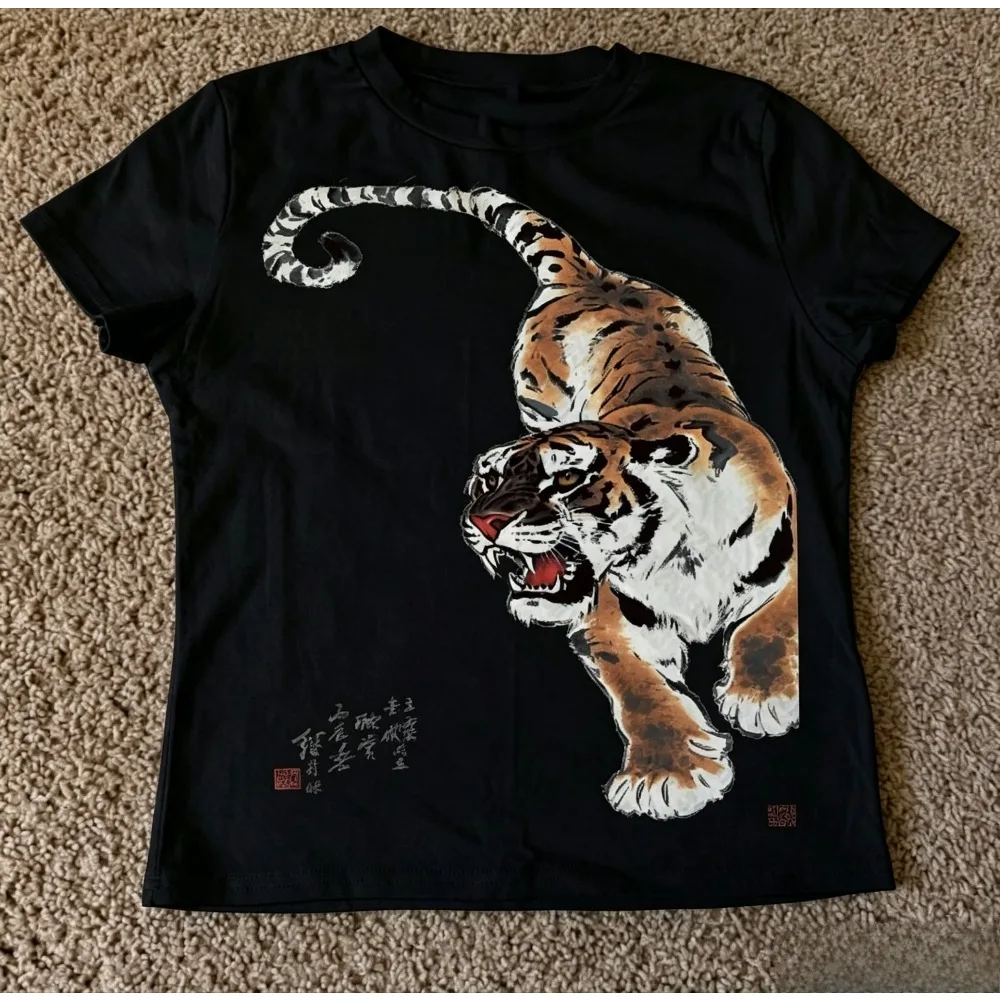 Women's Vintage Tiger Ink Painting Print T-shirt Harajuku Chinese Style Short Sleeve Casual Streetwear Round-neck Slim Tee Tops