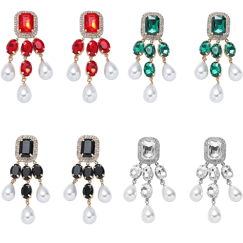 الأوروبية والأمريكية مبالغ فيها سلسلة هندسية تقليد اللؤلؤ الملونة كريستال كبير أقراط فستان العشاء كل مباراة