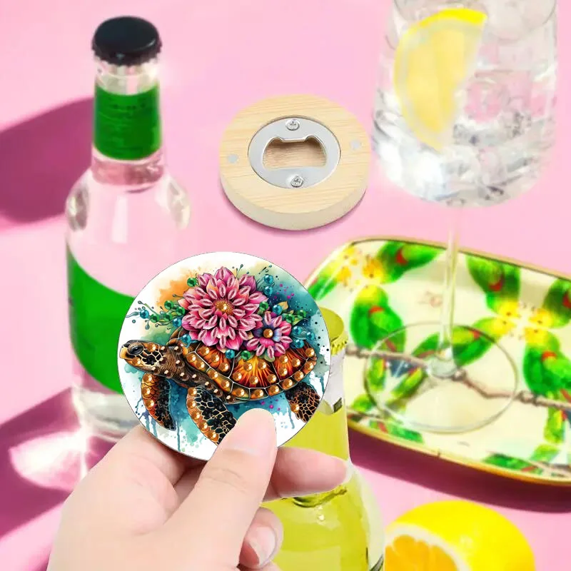 فتاحة بيرة خشبية مطلية بالألماس 5D مع تصميم مبهر على طراز الحياة البحرية، أداة يدوية الصنع مصنوعة يدويًا من الماس