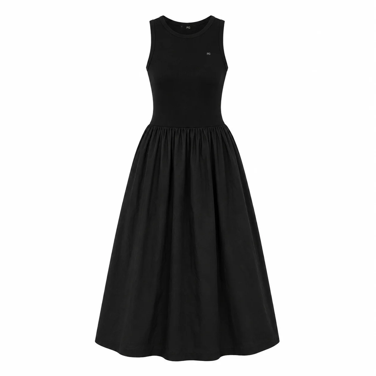 PG Damen schwarzes ärmelloses Midikleid mit geraffter Taille, fließendes A-Linien-Kleid, langes Freizeitkleid für den Alltag. – Detail 6