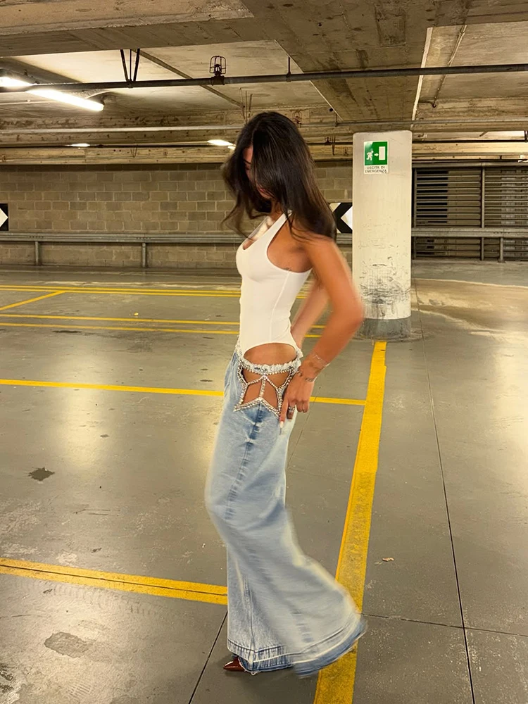 Women Low Waist Jeans Star Rhinestone Pants Cut Out Wide Leg Trousers Light Wash Distressed Denim Pants Street Woman Clothes