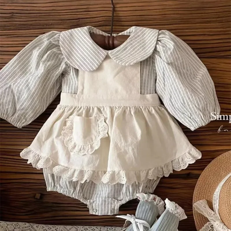 7059  Baby Clothes Girl's Bodysuit Or Strap Dress 2023 Autumn New Doll Collar Striped One Piece Clothes Lace Pocket Strap Skirt