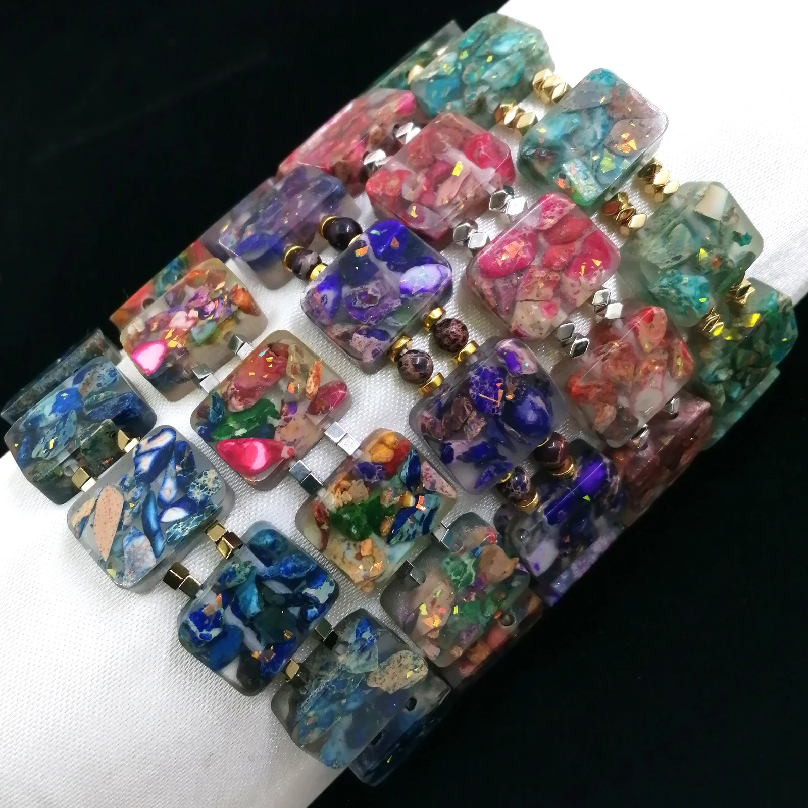 

JYSTONE Natural Colorful Imperial Jasper Resin Cover Beads Bangles Raw Stone Shining Flame Opal Spirit Adjustable Bracelet