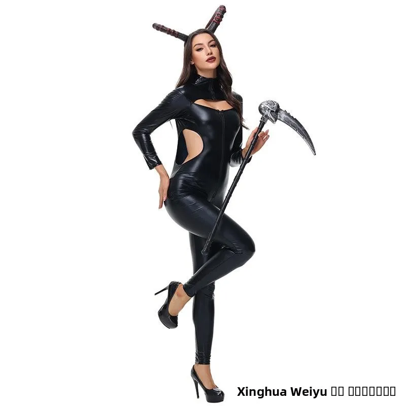 ชุดคอสเพลย์แม่มดสไตล์โกธิคสำหรับผู้หญิง พร้อมกระจกไขว้ แตร และเครื่องประดับสำหรับการแสดงบนเวที