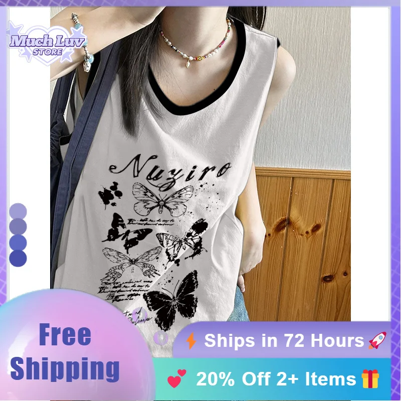 

Y2K Cute Butterfly Printed Sleeveless Pure Cotton Vest T-Shirt Fashion Trend Casual Comfy Ideal Summer Top for Women and Girls