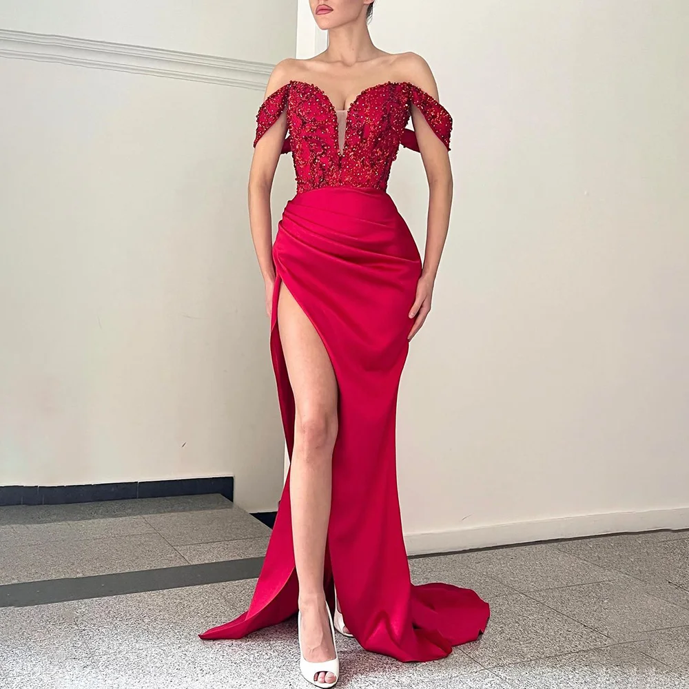 

Off the Shoulder Satin Beaded Sequins Formal Prom Dress Pleated Mermaid Backless Side High Slit Prom Gown with Court vestidos de