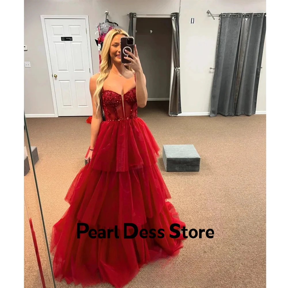 

Red Beaded Ball Dress Sweetheart Collar Thin Shoulder Straps Sleeveless Multi layered A-line Graduation Ball Dress