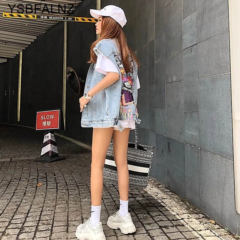 Denim Vest Jacket Back Cat Spring Summer 2024 Korean Style Women Cardigan Loose Hole Ribbon Waistcoat Fashion Jeans Gilet Coat