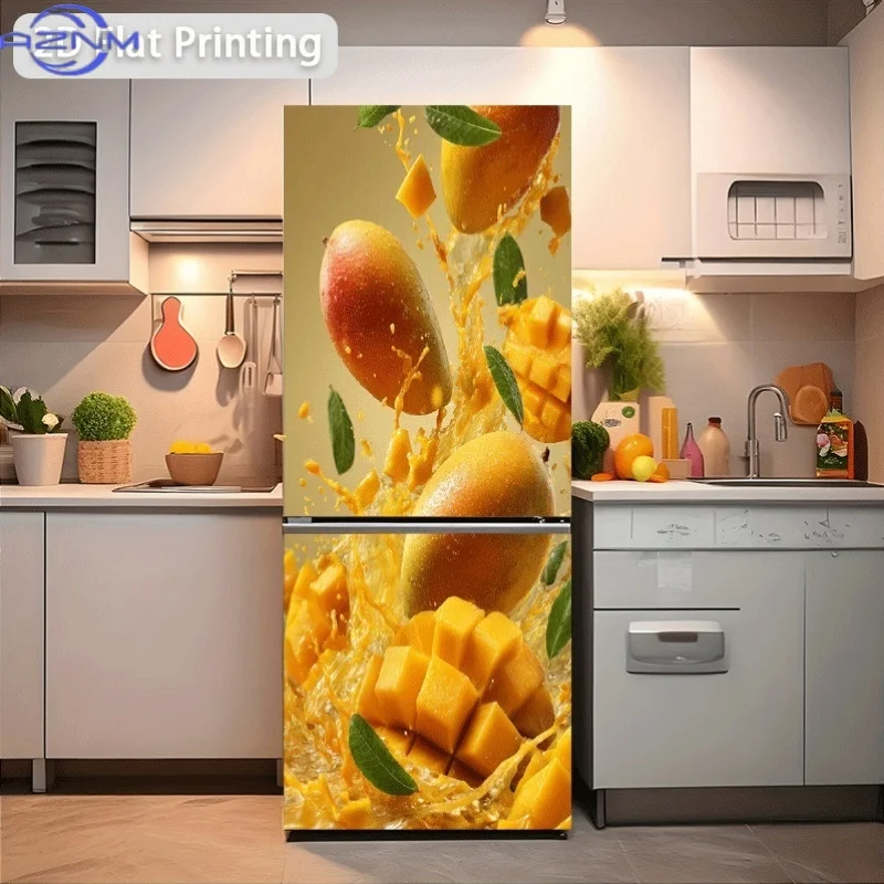 1pc 2D Printed Pattern Refrigerator Sticker Mango Juice Splash Mango Dance Wall Decal Self-Adhesive Wallpaper Suitable for Cab