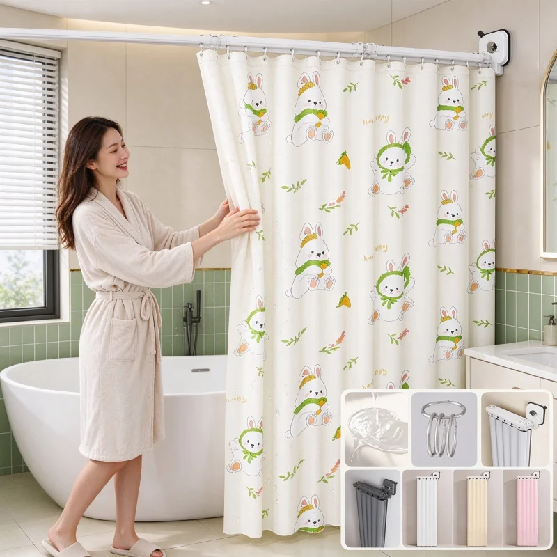 No Drill Suction Cup Foldable Shower Curtain Waterproof Mildew Resistant Bathroom Partition Curtain for Bathtub Privacy Screen