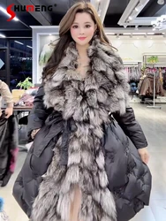 2024 Winter New Fashion Down Coats Silver Fox Big Fur Collar White Duck Down Jacket Women's Medium Long Waist-tight Warm Jackets