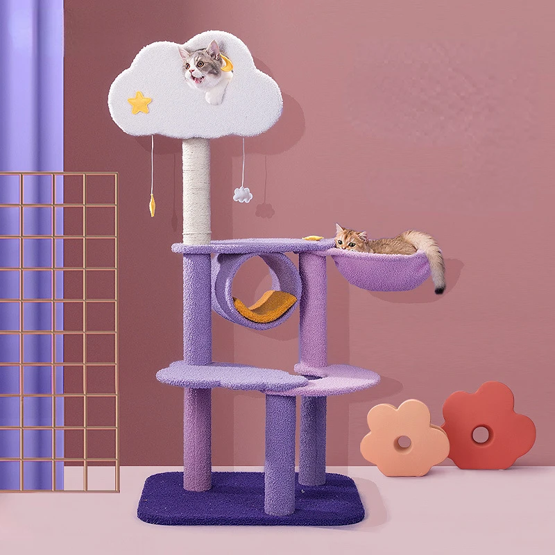Purple Cloud Cat Tree, Cat Scratcher Post, Indoor Large Pet House Accessories, Exercise Fitness Training Supplies, Climbing Set