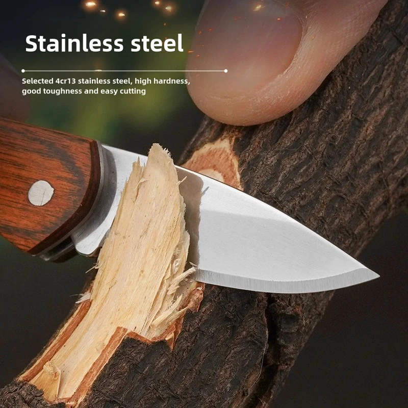 Stainless Steel Folding Knife Lockless Pocket Knife Colorful Wood Portable Mini Portable Knife Keychain Fruit Knife