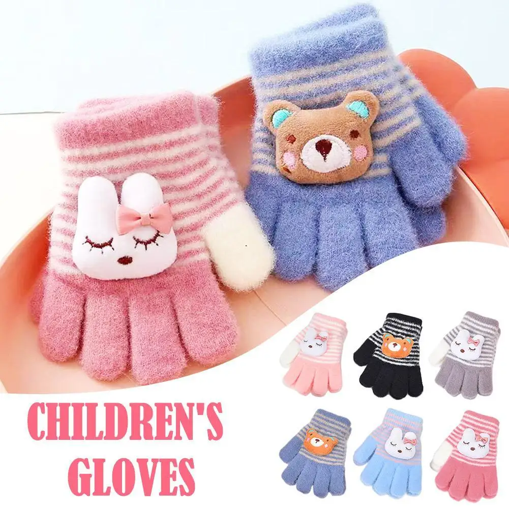

Cute Cartoon Rabbit Bear Winter Warm Kids Gloves Kindergarten Boys Girls Five Finger Knitted Gloves for 3-6 Years