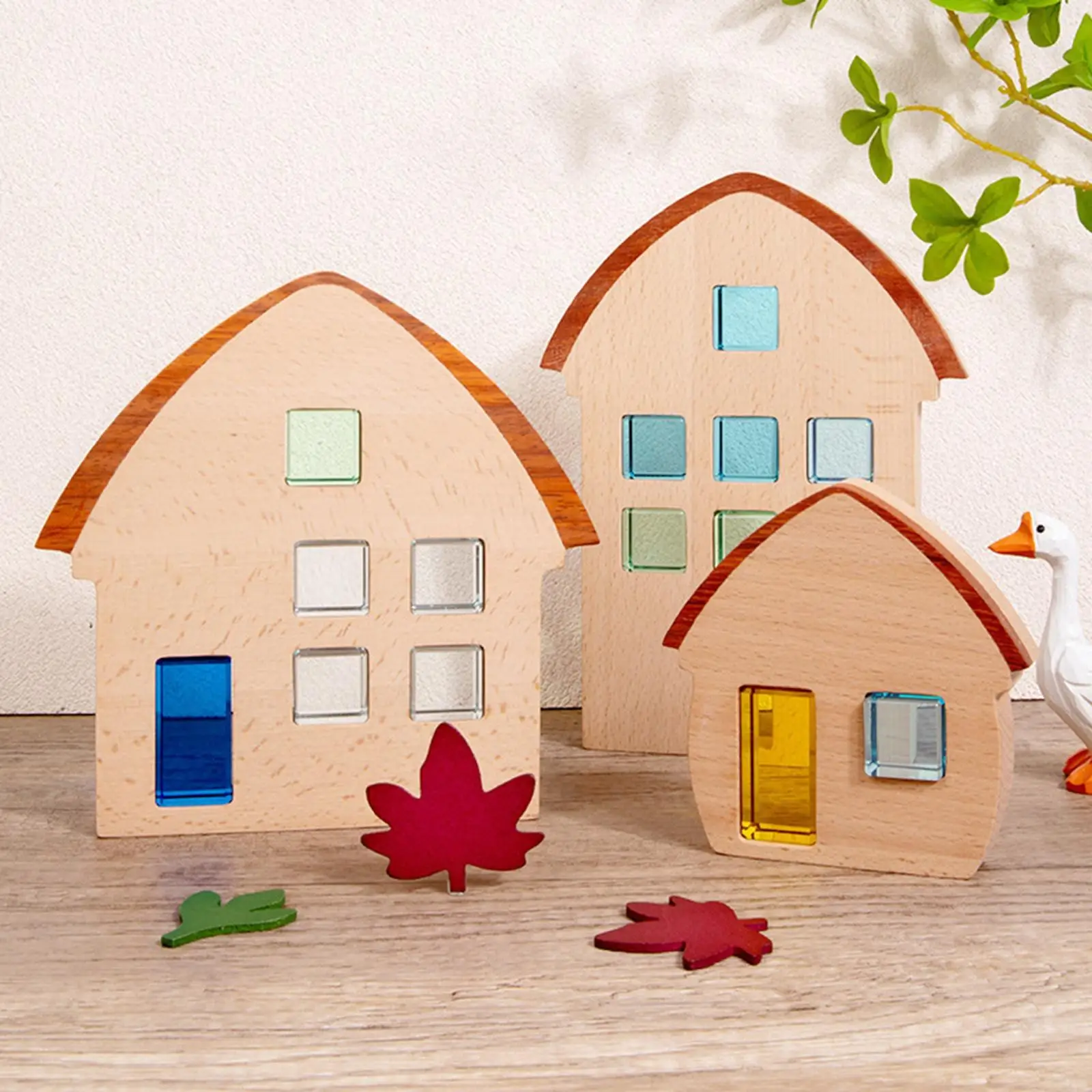

3 Pieces Wood House Set Building Blocks Colorful Stacking Toy Montessori Wooden