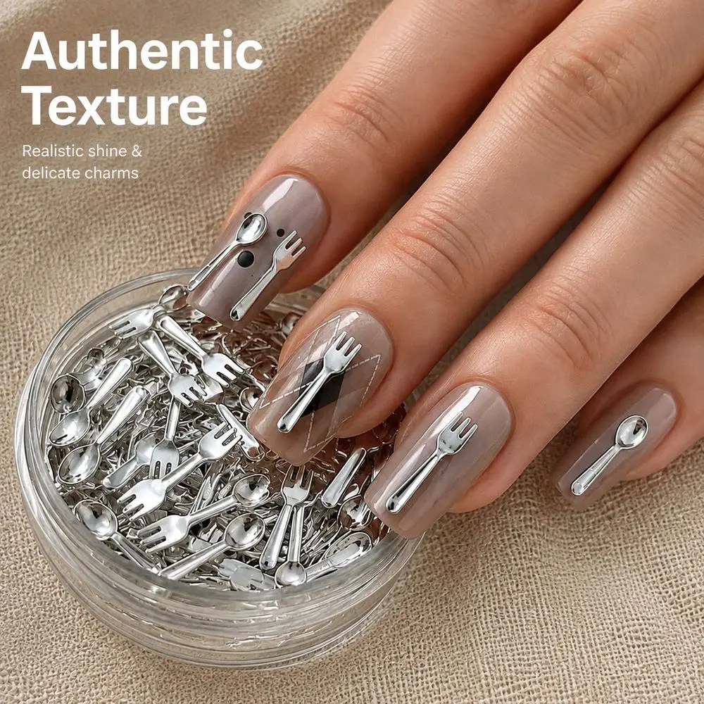 50Pcs Nail Charms Korean Ins Style Mini Spoon Fork Cutlery Nail Art Decorations Gold Silver 2‑Color Metal Ornaments For DIY