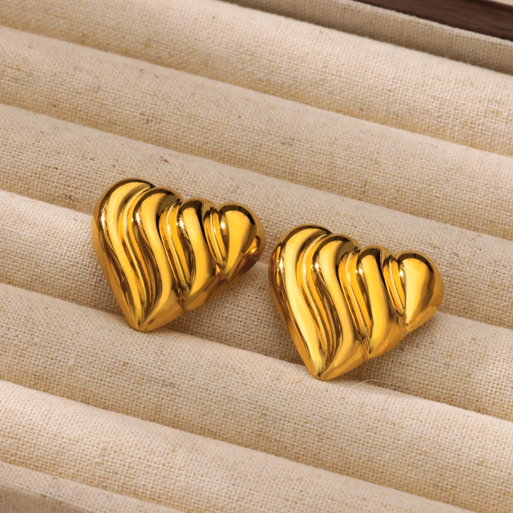 New Stainless Steel Water Ripple Heart Earring for Women Gold Color Charm Hoop Earrings Wedding Jewelry Trip Accessories Gifts