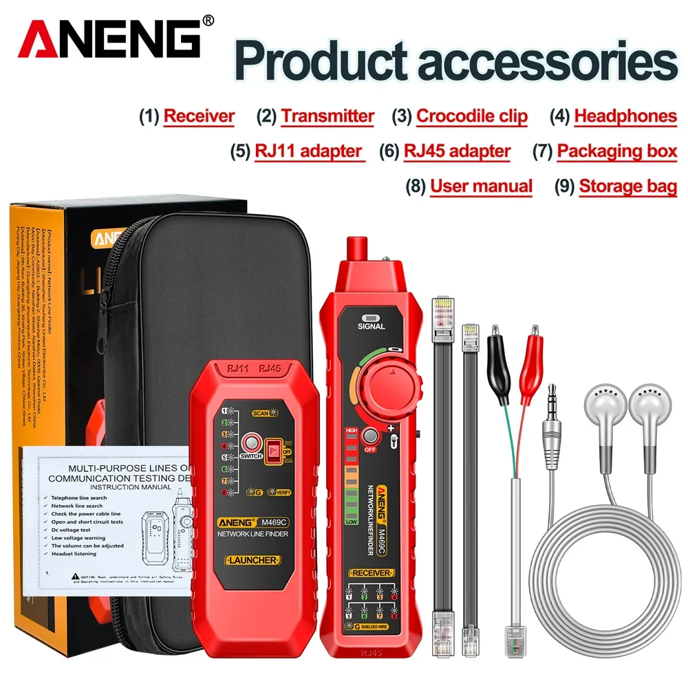 Multifunctionele netwerkkabelzoeker RJ45 RJ11 LAN-kabeltester Netwerktool Traceer Meet Netwerk Reparatie Analyzers ANENG M469C