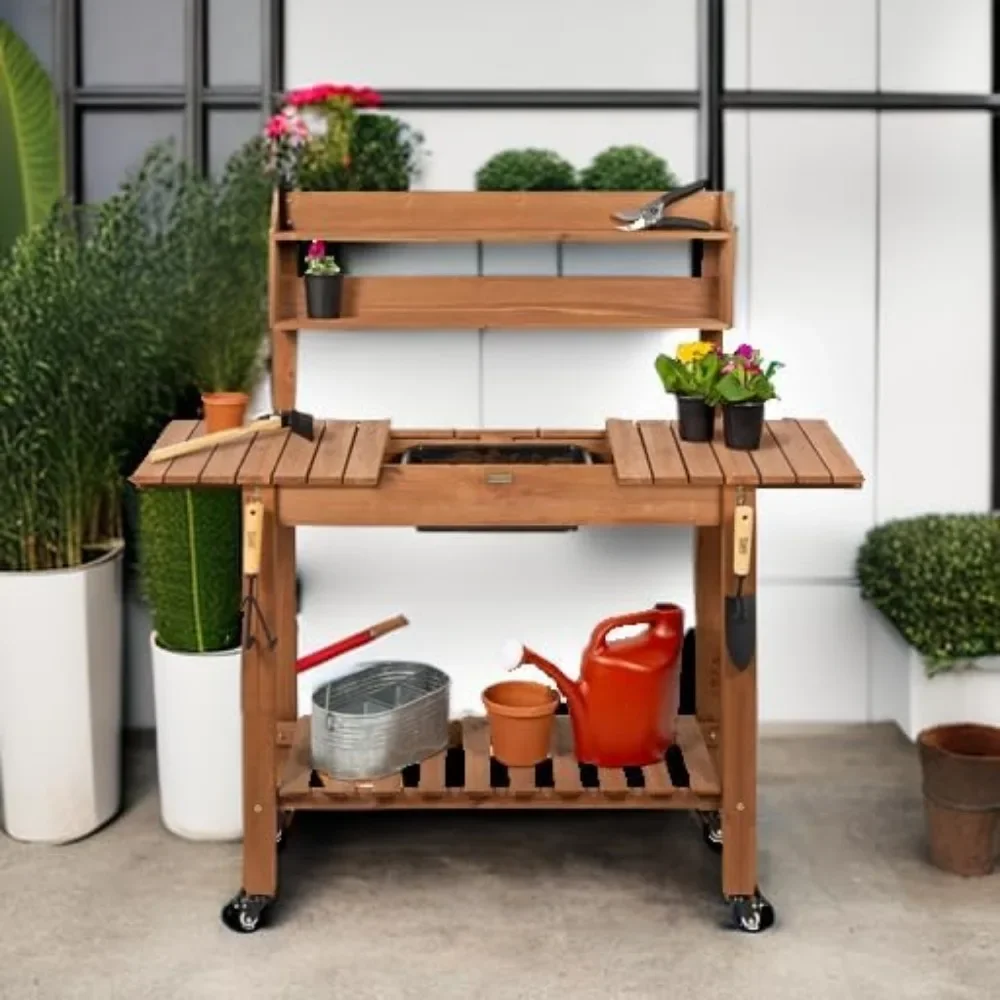

Mobile Garden Potting Bench, Outdoor Wood Workstation Table w/Sliding Tabletop, 4 Locking Wheels, Food Grade Dry Sink