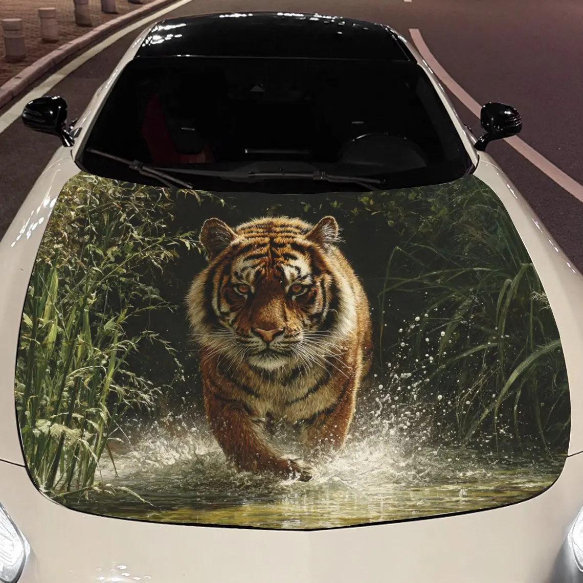 Car Decals A Tiger Exuding Ferocity And Dynamic Energy While Splashing Through Water Amid Vegetation Car Hood Sticker, Waterproo