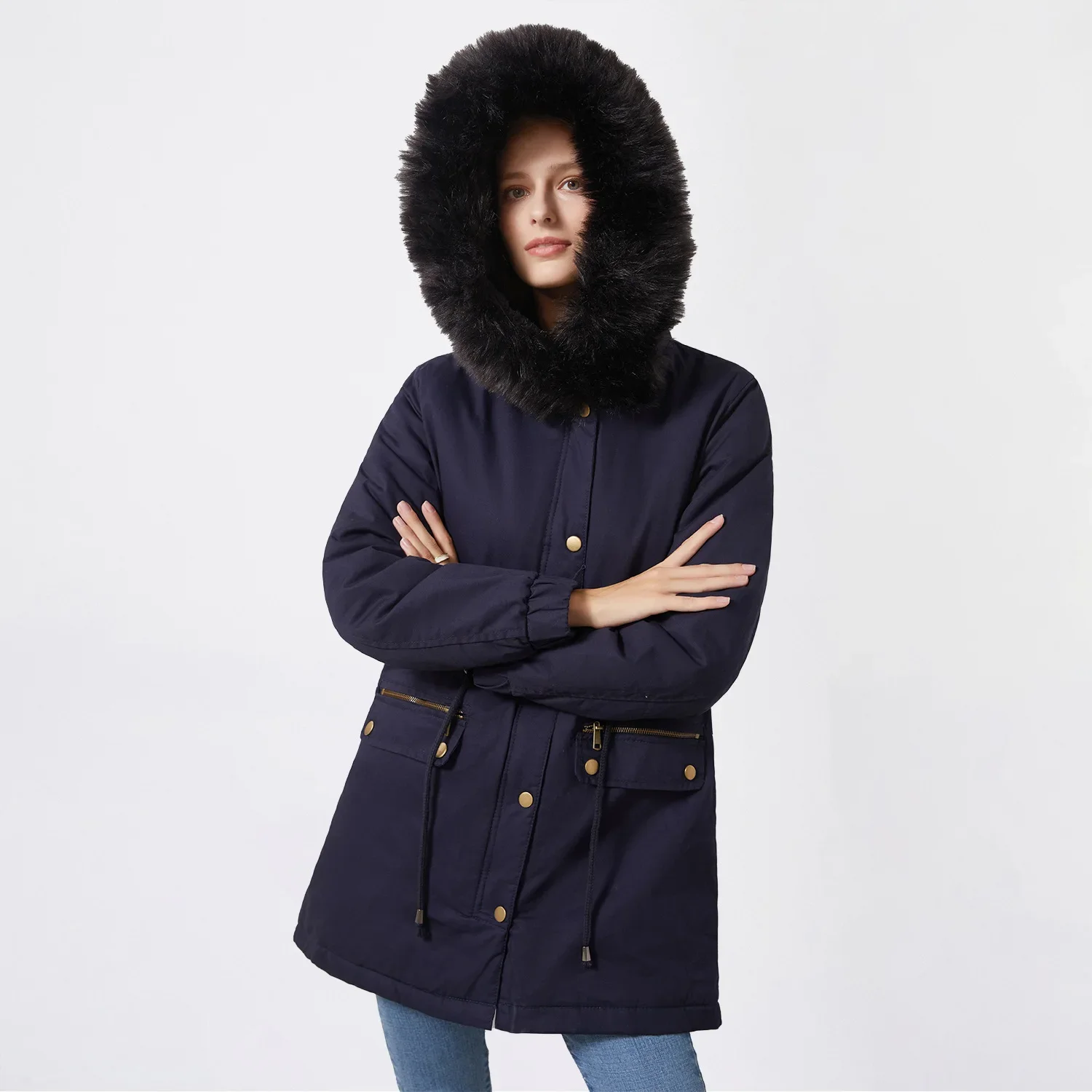 Women\'s Winter Jacket Warm Plush Thickened Long Winter Coat Outdoor Hiking Fur Hooded Casual Windproof Down Parka Coat Overcoat