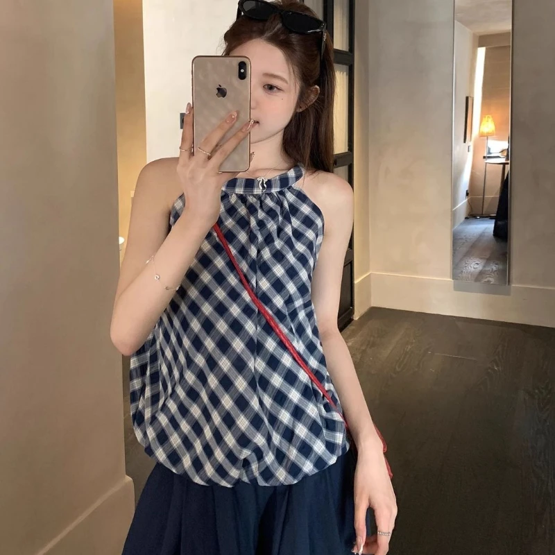 

Retro Blue and White Plaid Puffy Halterneck Round Neck Sleeveless Top Design Vest for Women Summer