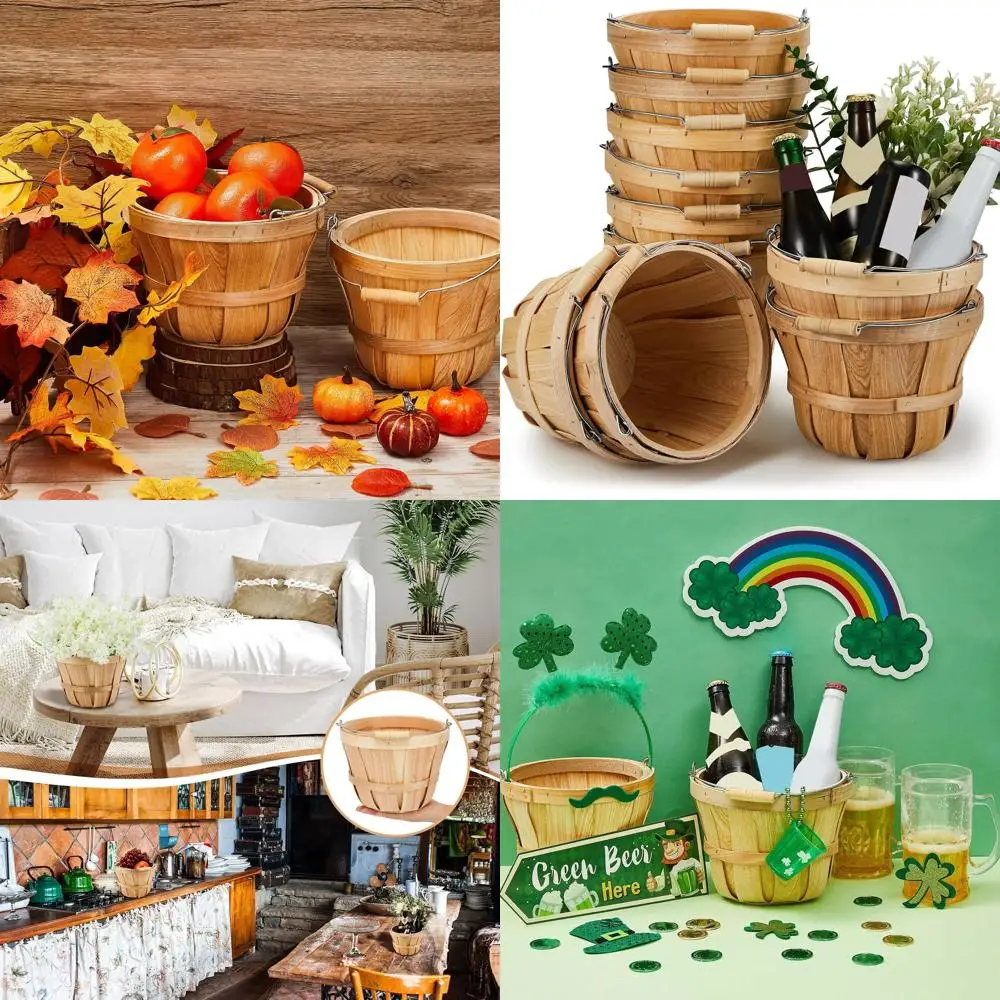 

Set of 16 7.5x5.9 Inch Round Wooden Apple Baskets with Handle for Fall Harvest, Garden, Wedding, and Easter Party