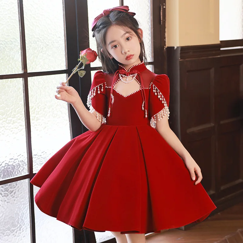 Girls Elegant Red Princess Ball Gown Children Birthday Baptism Party Wedding Piano Performance Dress