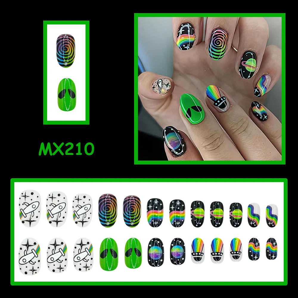 Star Cute Almond False Nails Colorful Alien UFO rainbow Pattern French Press on Nails Sweet Nude Ins Wearable Fake Nails 24Pcs
