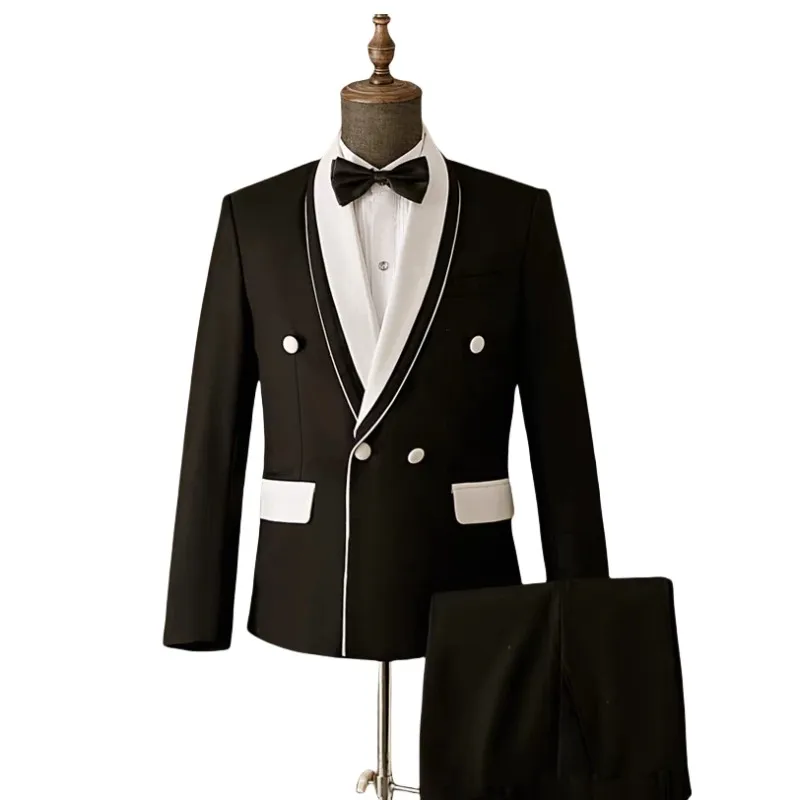 

Черный смокинг, брючный костюм, комплект из 2 предметов, двубортный приталенный свадебный костюм для вечеринки, певицы, хозяина, сценического костюма