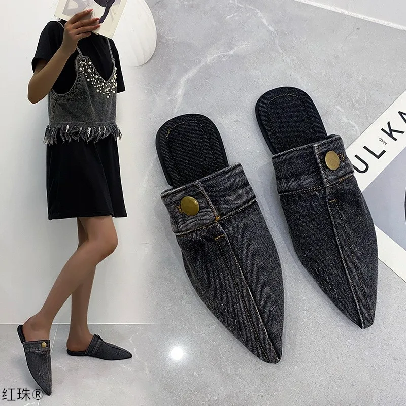 Flat women's half slippers pointed toe denim white with autumn summer blue wear casual  slippers C1186