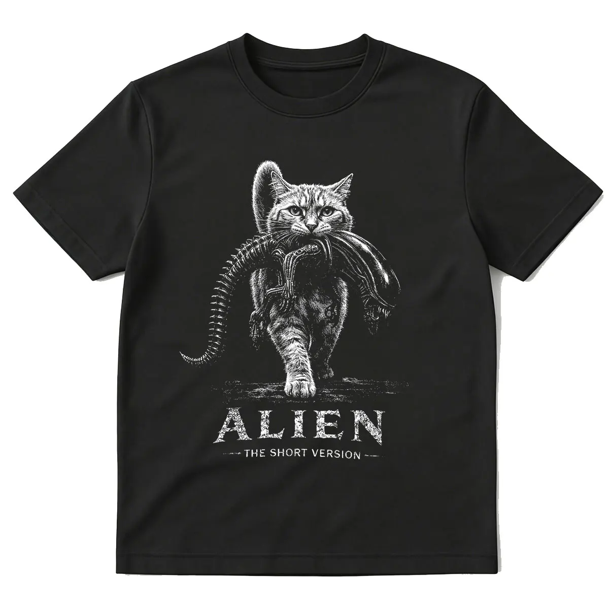 Alien The Short Version Cat Sci-Fi Horror Parodie Grafik Lustige Meme T-Shirts Herren Damen Kleidung Baumwolle Kurzarm T-Shirts – Detail 2