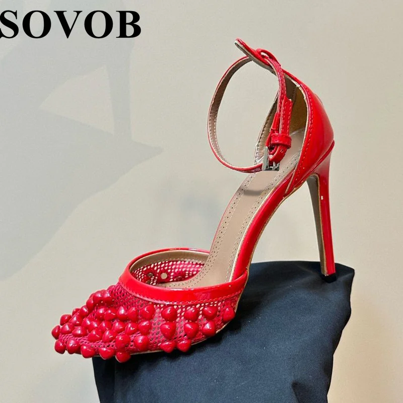 

New Spring/Summer Mesh Love Rhinestone Decoration Thin High Heeh Women's Hollow Out Elegant Closed Toe Pumps Banquet Shoes