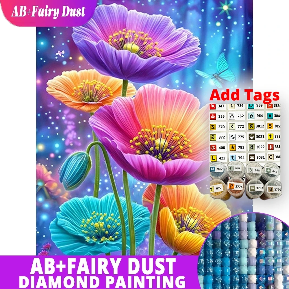 Алмазная вышивка AB Fairy Dust: Полностью алмазная вышивка, мозаика с цветами, разноцветная, подходит для взрослых и начинающих, декор для стен.