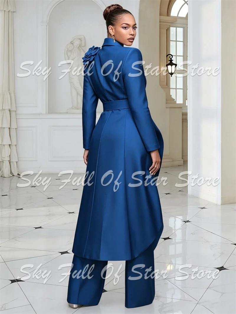 Royal Blue Women Suit Set 2 Pcs 3D Floral Decor Long Tail Blazer With Belt Wide Leg Pants Custom Cocktail Wedding Lady Jacket
