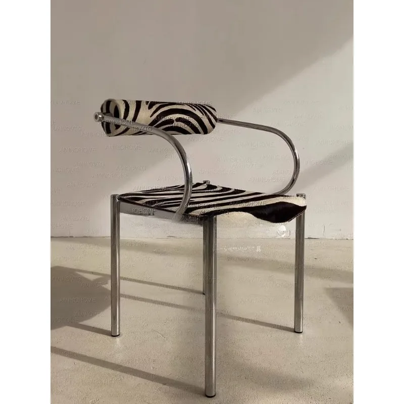 *Mid-Century Bauhaus Dining Chair Stainless Steel Frame with Zebra Pattern Upholstery Retro Lounge Armchair view 5