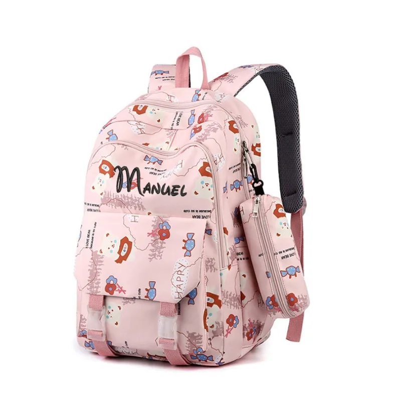 Mochila de gran capacidad con nombre personalizado con bolsa para bolígrafos, oso de dibujos animados, mochila impermeable ligera, Bolsa Escolar, regalo para niños