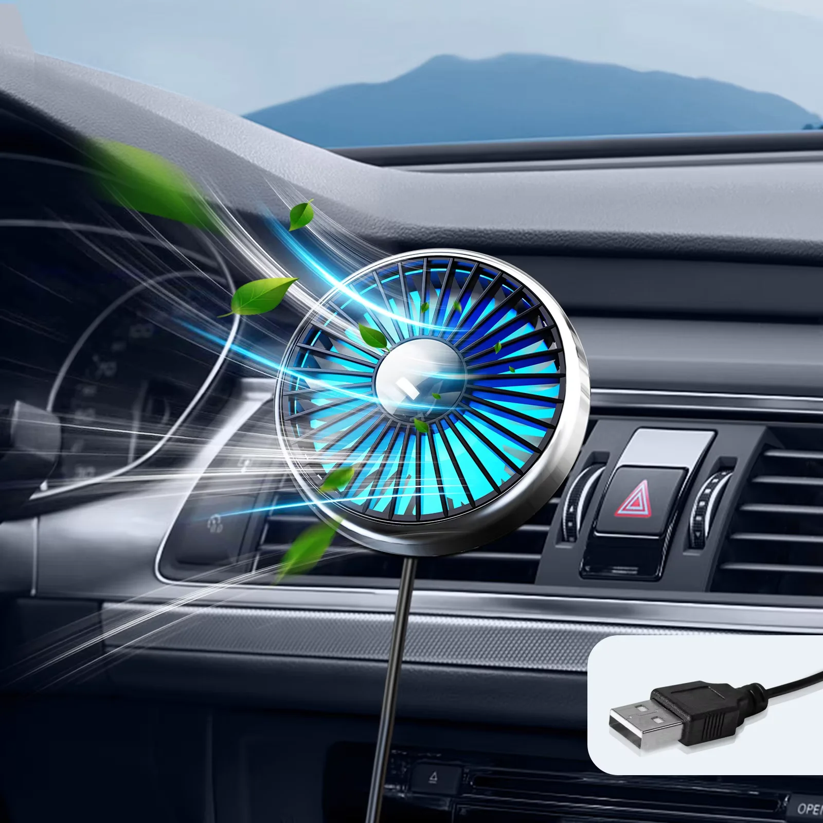 Mini Portable Car Fan Fast Cooling Car Air Outlet Electric Fan USB Cool Colorful Light Fan 3 Speed Adjustable Turbo Rotating Fan