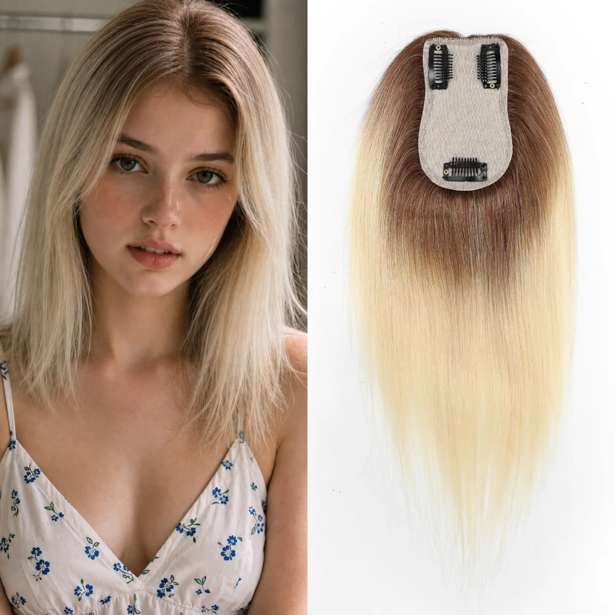 100-本物の人毛ヘアピース-オンブルブロンド-ストレート-クリップ式ヘアピース-女性用-薄毛用-クラウントッパー-レミーヘア