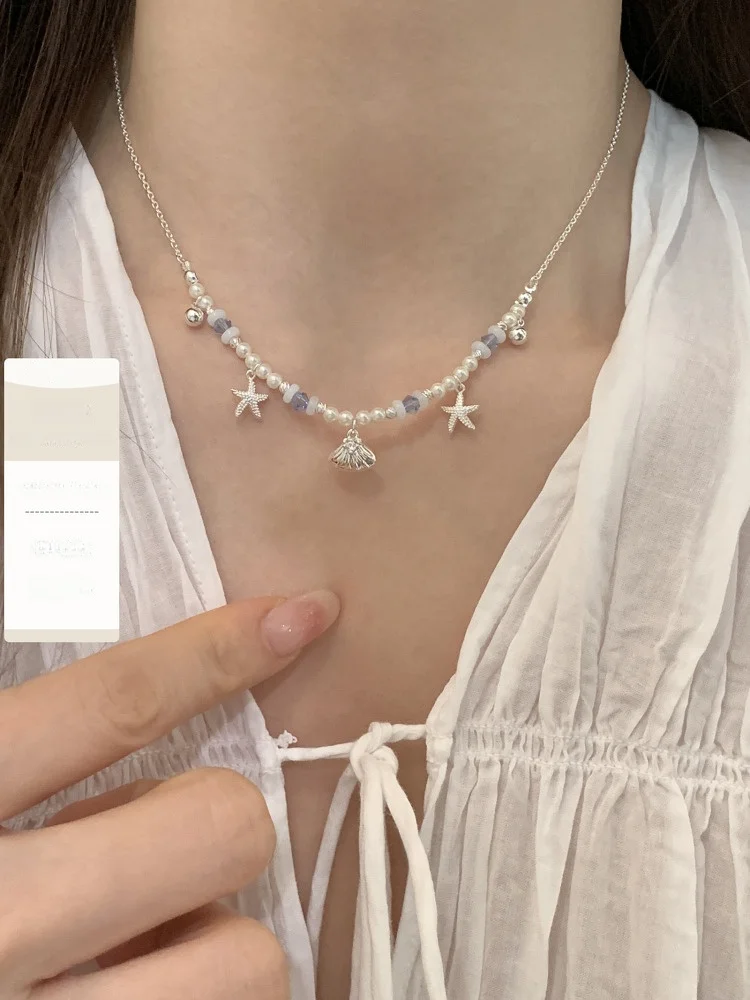 フレッシュスタイルシェルヒトデペンダントフェイクパール純銀ネックレス-suzyacc-kr-ファッションジュエリー女性用単層-2-50-センチメートル