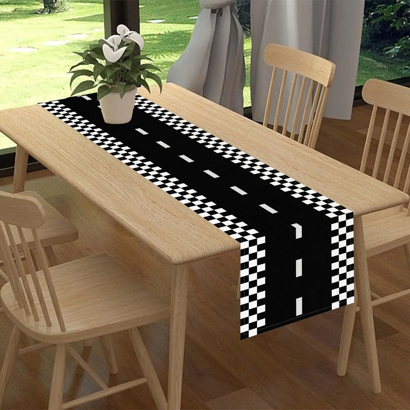 الكتان مضمار السباق الجدول عداء سباق السيارات أسود أبيض متقلب مفرش المائدة قابلة لإعادة الاستخدام سباق الطريق المسار الصبي زينة حفلة عيد ميلاد