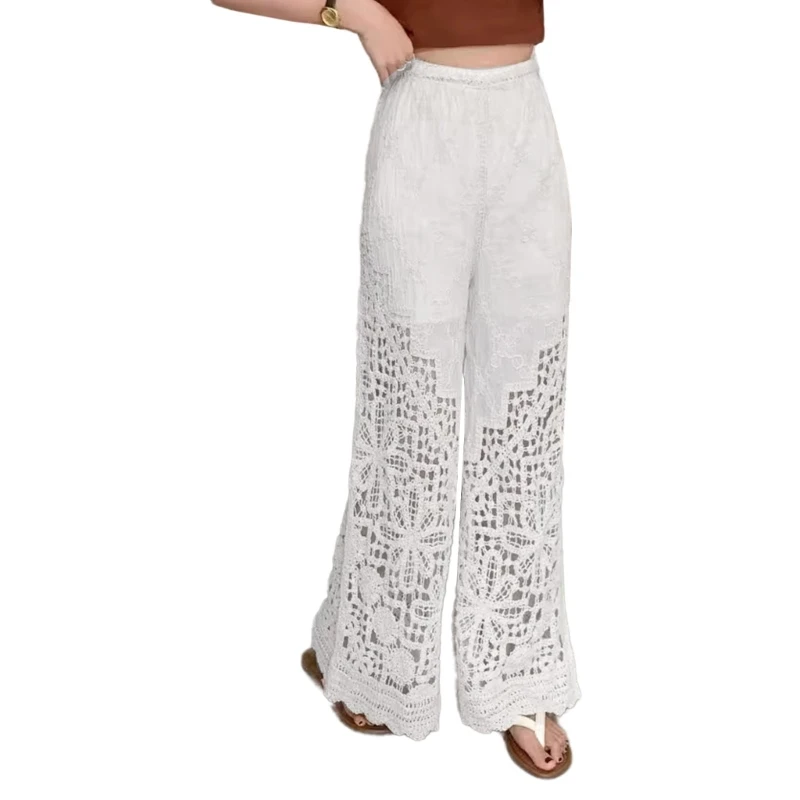 Pantalon bohémien en coton à jambes larges, ceinture élastique, creux, tricot en Crochet, fleur, dentelle, jambes larges, Long