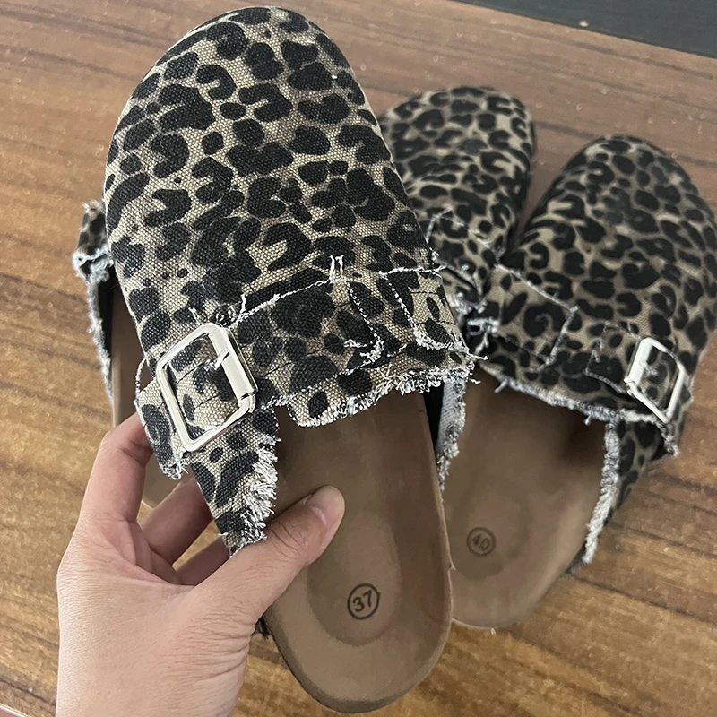 2024 Spring Classic Women\'s Closed Toe Cork Sandals Slippers Ladies Leopard Cork Slippers Camo Mule Clogs Shoes Flats Hot Sale