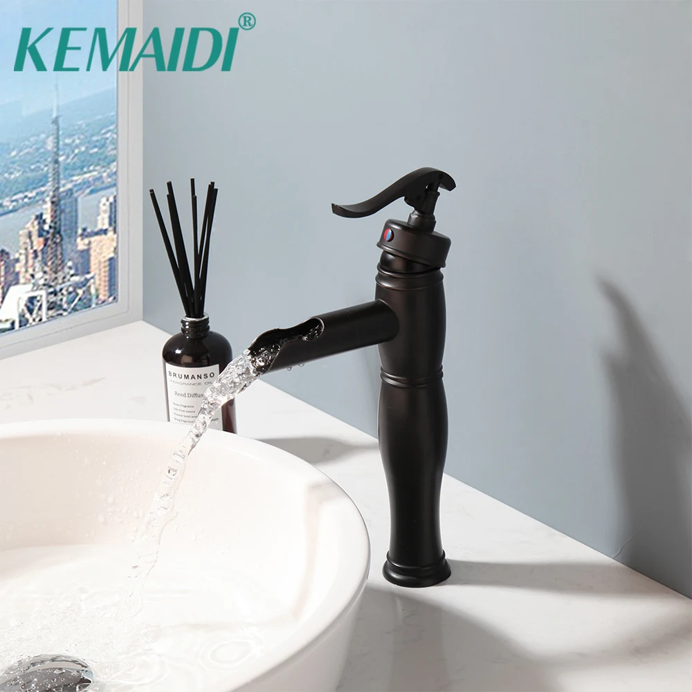 

KEMAIDI Matte Black Bathroom Basin Sink Faucet Deck Mounted Hot Cold Water Mixer Waterfall Taps Lavatory Sink Tap Crane