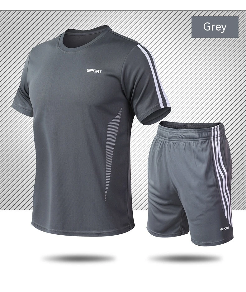 Summer sports set with three stripes, short sleeved shorts, loose running, quick drying and breathable for men and women