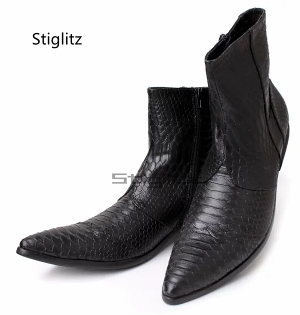 

Men's Black White Ankle Boots Snake Patterned Pointy Toe Short Boots Trendy Zip Genuine Leather Handmade Business Dress Shoes
