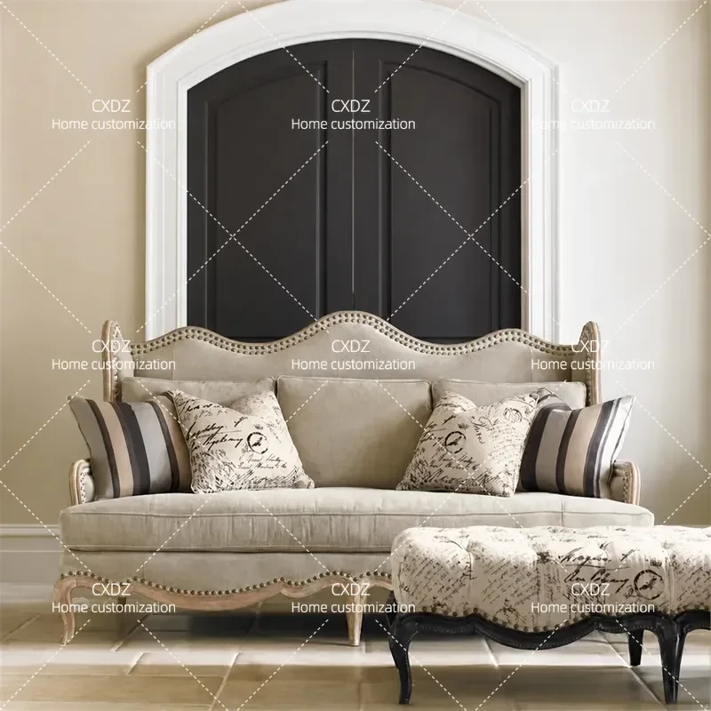 Rural Fabric Rivet Sofa Antique Villa Solid Wood Frame Simple Small Apartment Living Room Furniture Combination Set