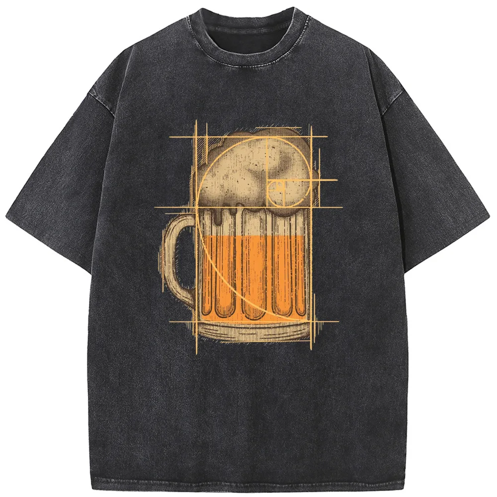 

Beer Math Geometry Print Unisex Washed T-Shirt Novelty 230g Cotton Summer Bleached Tshirt Funny Casual Loose Bleach Tops Tee