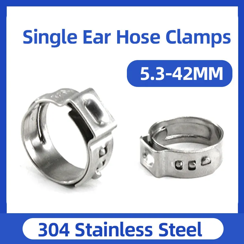 50PCS Single Ear Hose Clamp 304 Stainless Steel Single Ear Hose Clamps Stepless 5.3-42mm Cinch Clamp Rings Sealing Kinds of Hose